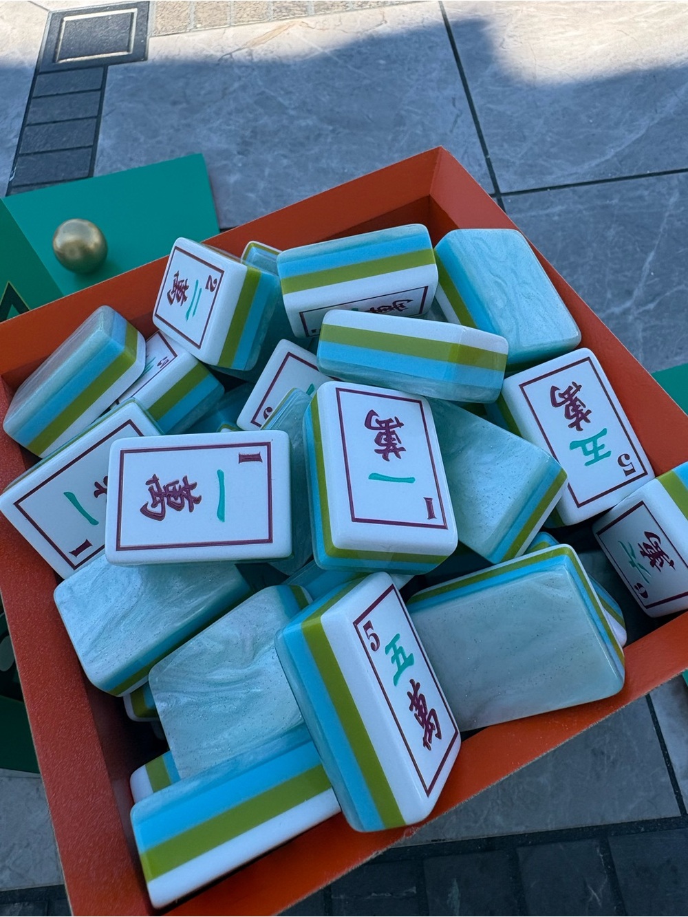 New! My show pieces!!! Blue Green Striped Mahjong Tiles Set -